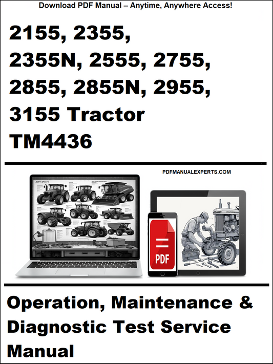 Advertisement for a tractor manual with text and images of a laptop and tractor.
