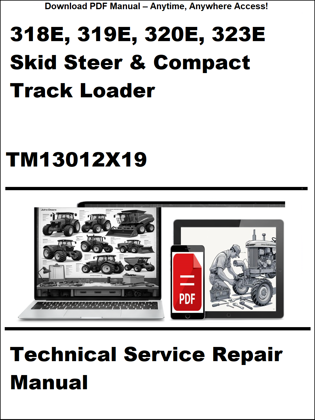 Cover of a technical service repair manual for John Deere skid steer and compact track loaders, featuring images of a laptop and tablet with a document icon.