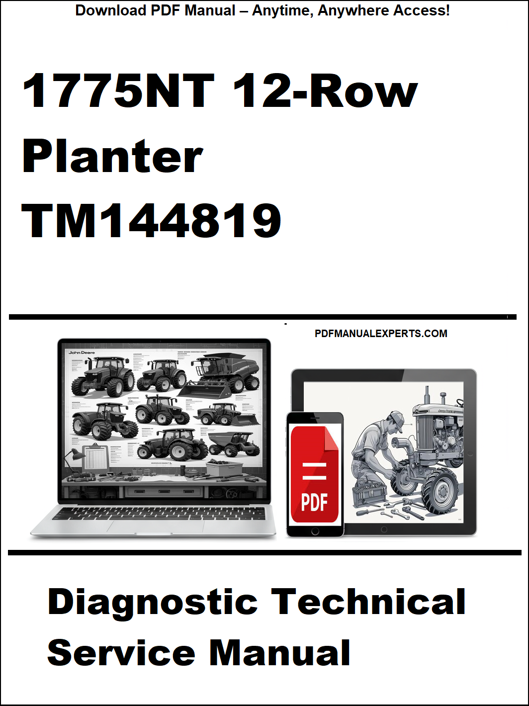 Diagnostic technical service manual for 1775NT 12-row planter with laptop and toolbox graphic on a white background.