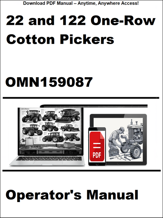 Operator's manual for 22 and 122 One-Row Cotton Pickers with PDF icon and tractor illustration.