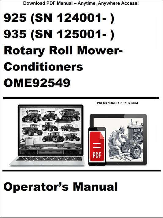 Operator's manual for 925 and 935 rotary roll mower-conditioners with a laptop and toolbox graphic.