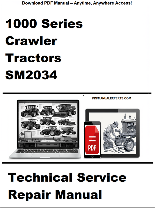 Cover of a technical service repair manual for 1000 Series Crawler Tractors SM2034 with images of a laptop and smartphone displaying the manual.