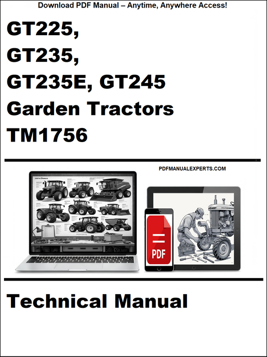 Cover of a technical manual for Garden Tractors GT225, GT235, GT235E, GT245 with a laptop and tractor illustration.