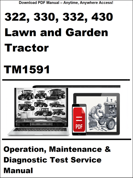 Manual cover for 322, 330, 332, 430 Lawn and Garden Tractor TM1591 with images of tractors and a laptop.