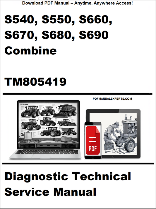 Cover of a diagnostic technical service manual for John Deere combines with laptop and toolbox graphics.