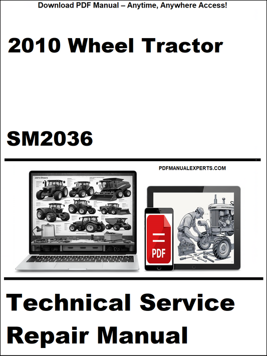 Cover of 2010 Wheel Tractor SM2036 Technical Service Repair Manual with digital icons on a white background.