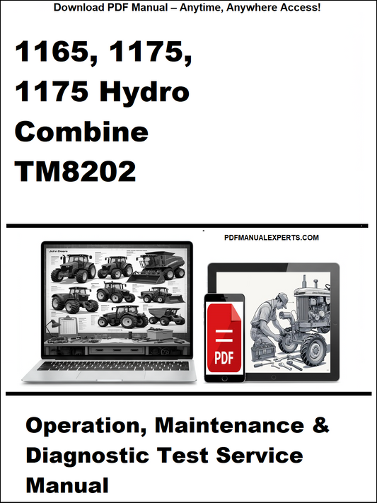 Advertisement for a combine harvester manual on a white background with text and images of a laptop and smartphone.