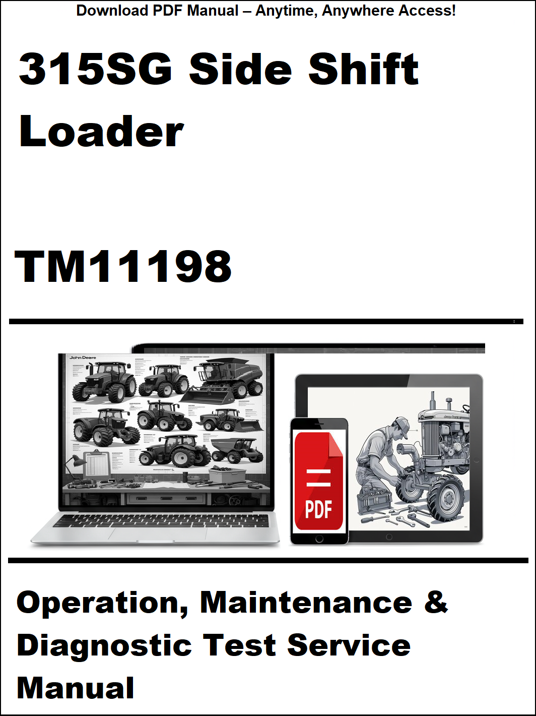 Manual cover for 315SG Side Shift Loader TM11198 with laptop and tractor illustration.