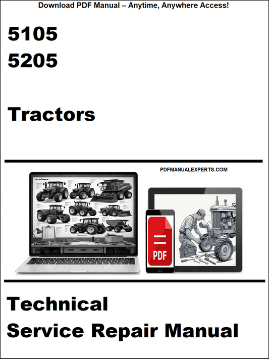 Technical service repair manual for tractors with a laptop and toolbox graphic on a white background.