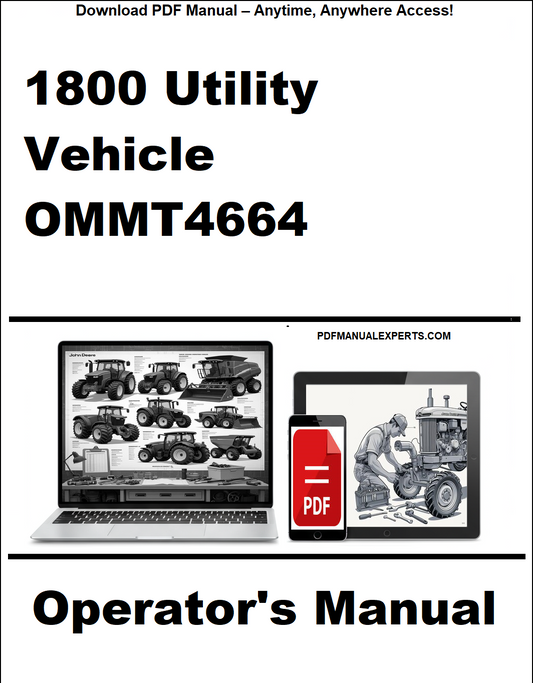Cover of 1800 Utility Vehicle OMMT4664 Operator's Manual with laptop and tablet icons.
