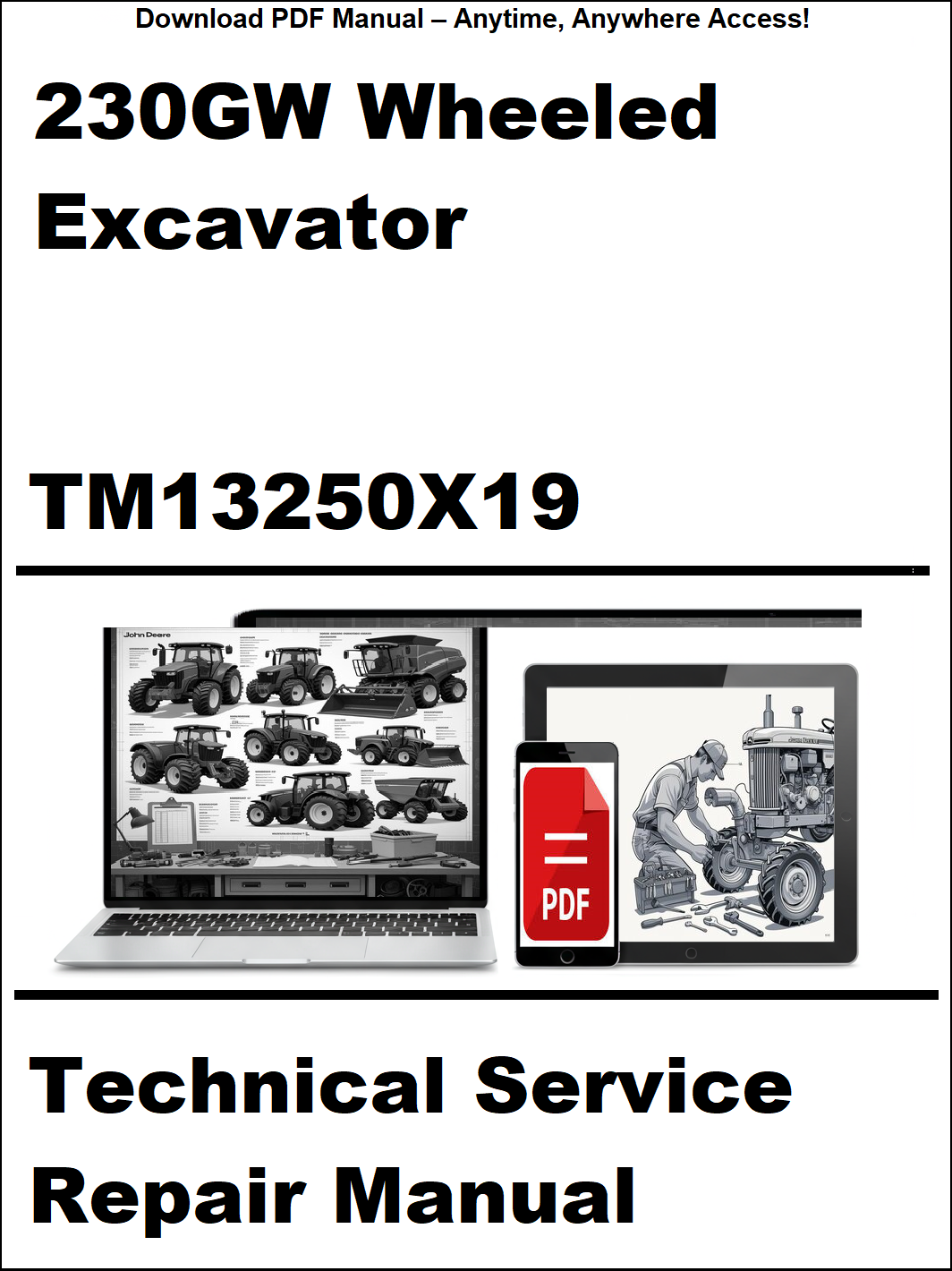 Technical service repair manual for 230GW wheeled excavator with digital device and laptop icons on a white background.