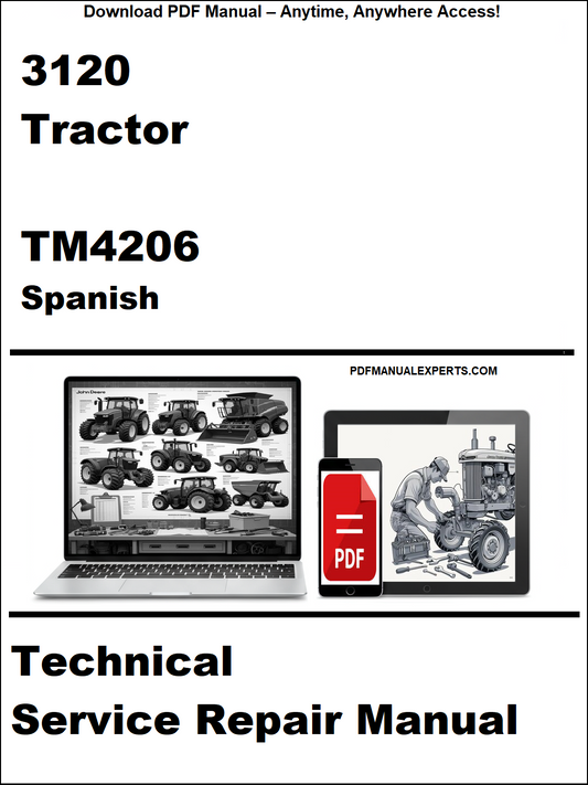 Advertisement for a technical service repair manual for a 3120 tractor in Spanish, featuring a laptop and tablet with images of tractors.