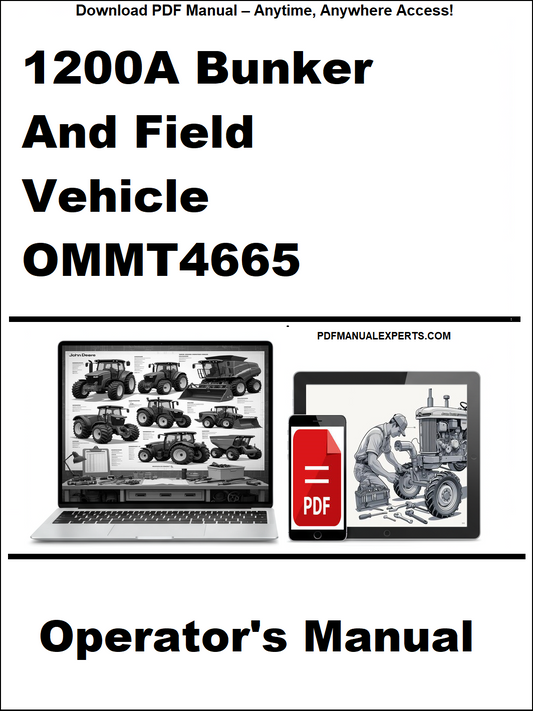 Operator's manual for 1200A Bunker and Field Vehicle OMMT4665 on a white background with laptop and truck images.