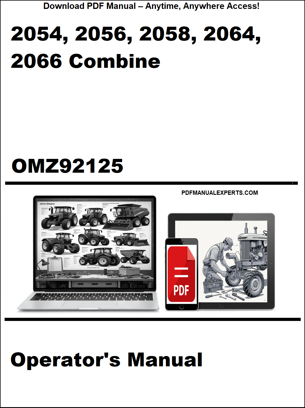 Operator's manual cover for 2054, 2056, 2058, 2064, 2066 combine with PDF icon and website text.
