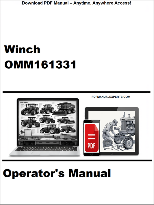Operator's manual for Winch OMM161331 with a laptop and smartphone displaying the document.