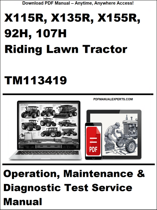 Cover of a riding lawn tractor manual with laptop and toolbox graphics on a white background