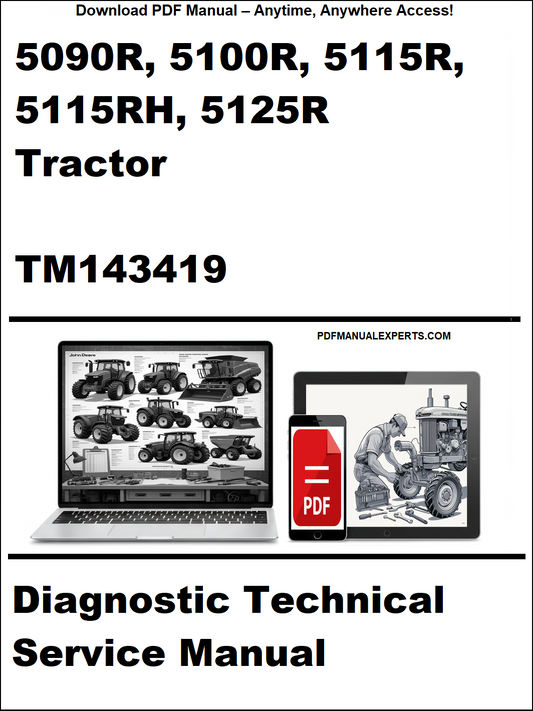 Cover of a diagnostic technical service manual for tractors with laptop and toolbox graphics.