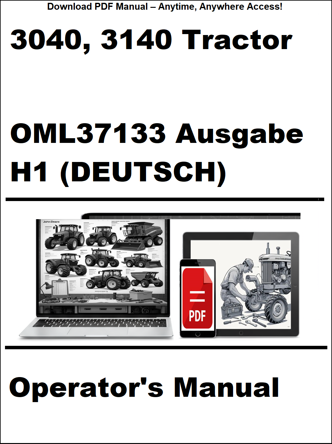 Operator's manual for 3040 and 3140 tractor with digital download icon on a white background