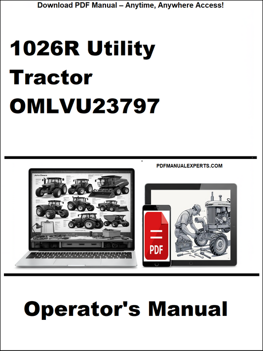 Operator's manual for a 1026R Utility Tractor with a laptop and toolbox graphic on a white background.