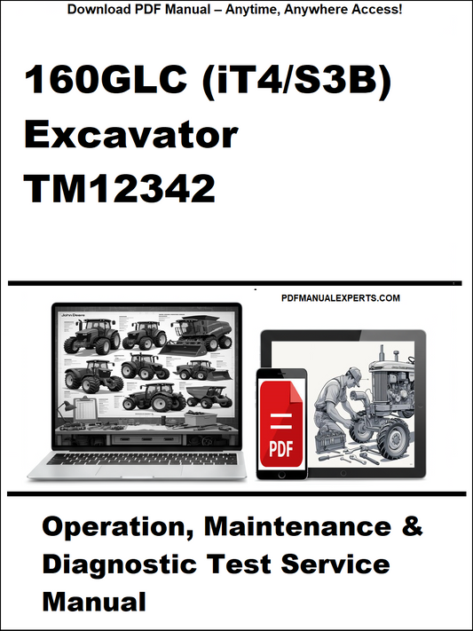 Cover of a manual for 160GLC (iT4/S3B) Excavator TM12342 with a laptop and smartphone displaying related content.