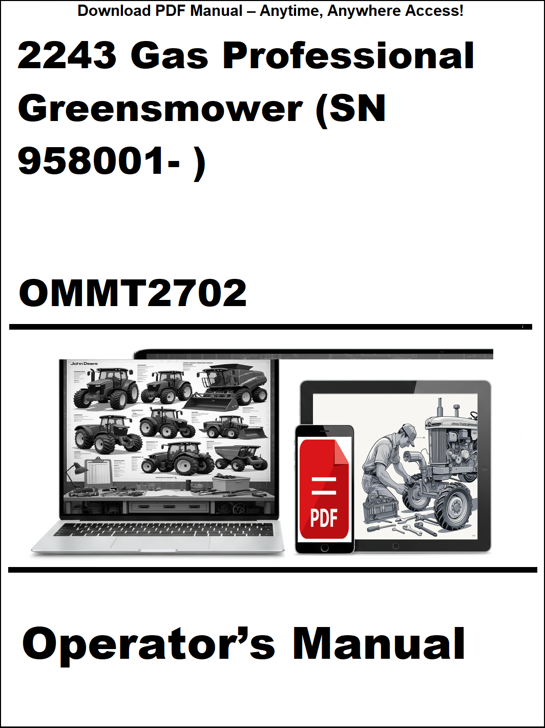 Operator's manual for a gas professional greensmower with a laptop and toolbox graphic on a white background.