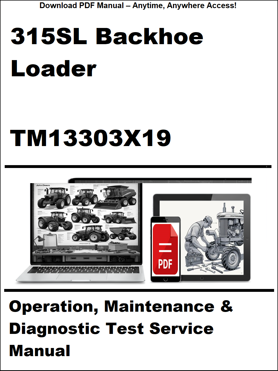 Manual cover for 315SL Backhoe Loader operation, maintenance, and diagnostic test service manual with a laptop and tractor illustration.