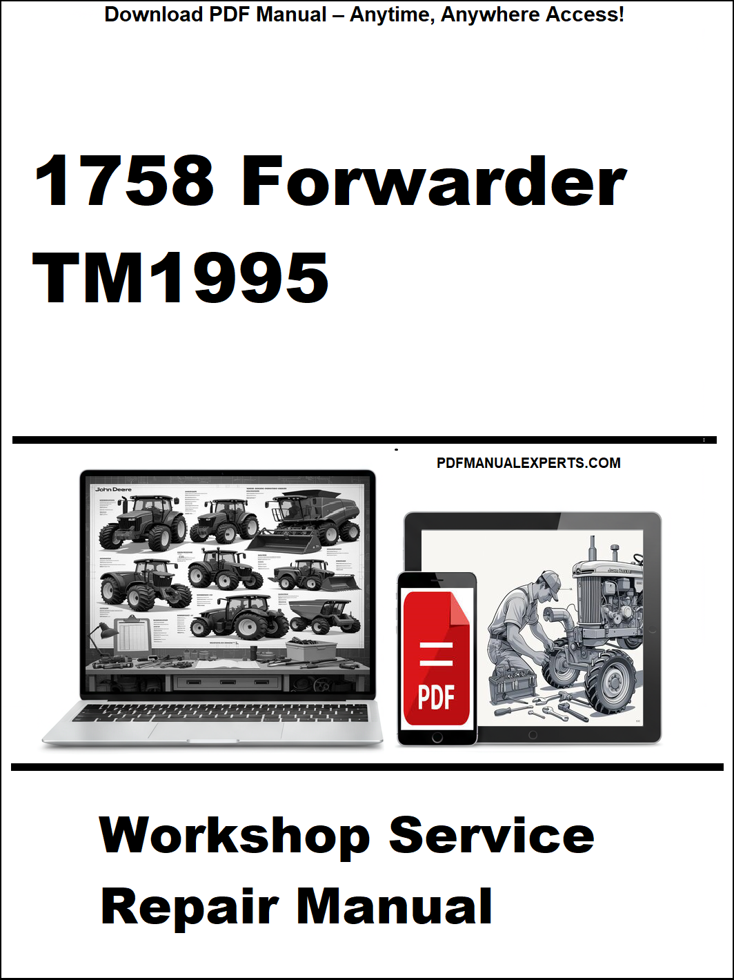 Cover of a workshop service repair manual for 1758 Forwarder TM1995 with digital elements on a white background.