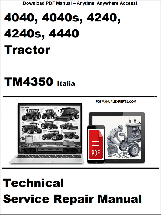 Advertisement for a technical service repair manual for tractors with images of a laptop and tractor on a white background.