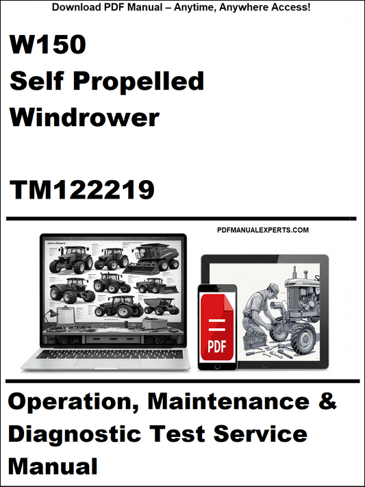 Manual cover for W150 Self Propelled Windrower TM122219 with laptop and toolbox icons.
