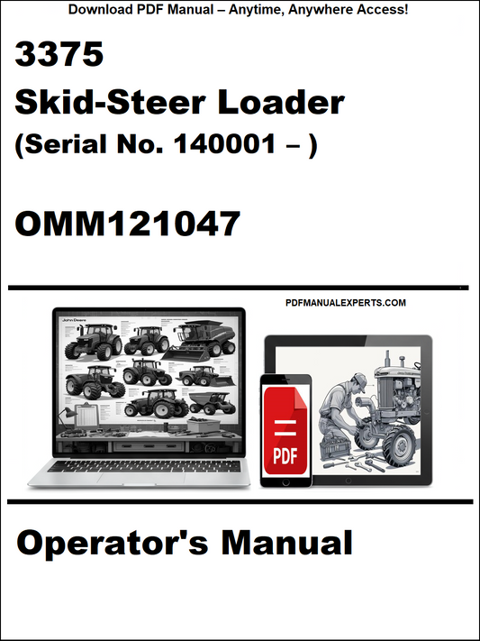 Cover of a skid-steer loader operator's manual with a laptop and smartphone icon on a white background.