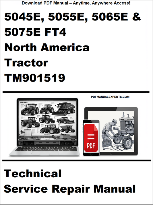Technical service repair manual for North America tractors with a laptop and toolbox graphic on a white background.