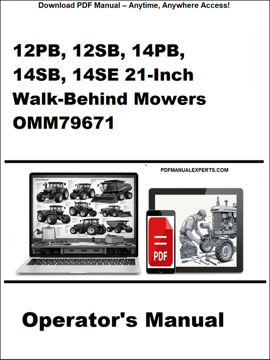 Operator's manual cover for walk-behind mowers with a laptop and smartphone icon.
