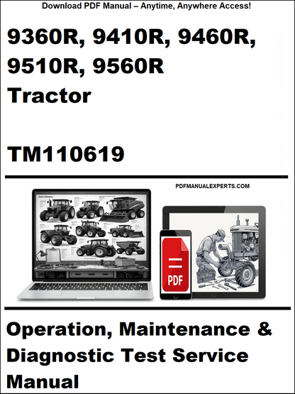 John Deere 9360R, 9410R, 9460R, 9510R, 9560R Tractor Operation, Maintenance & Diagnostic Test Service Manual TM110619 PDF – complete testing and maintenance procedures for R-Series tractors