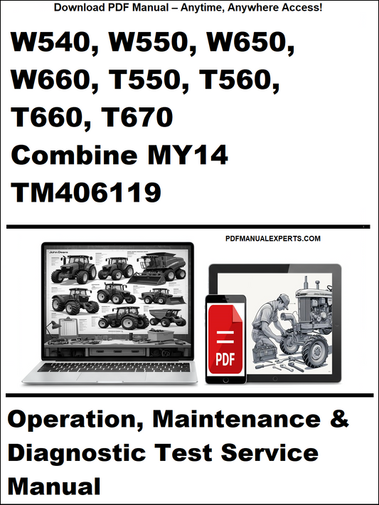 Manual cover for John Deere combine tractors with laptop and manual icons.