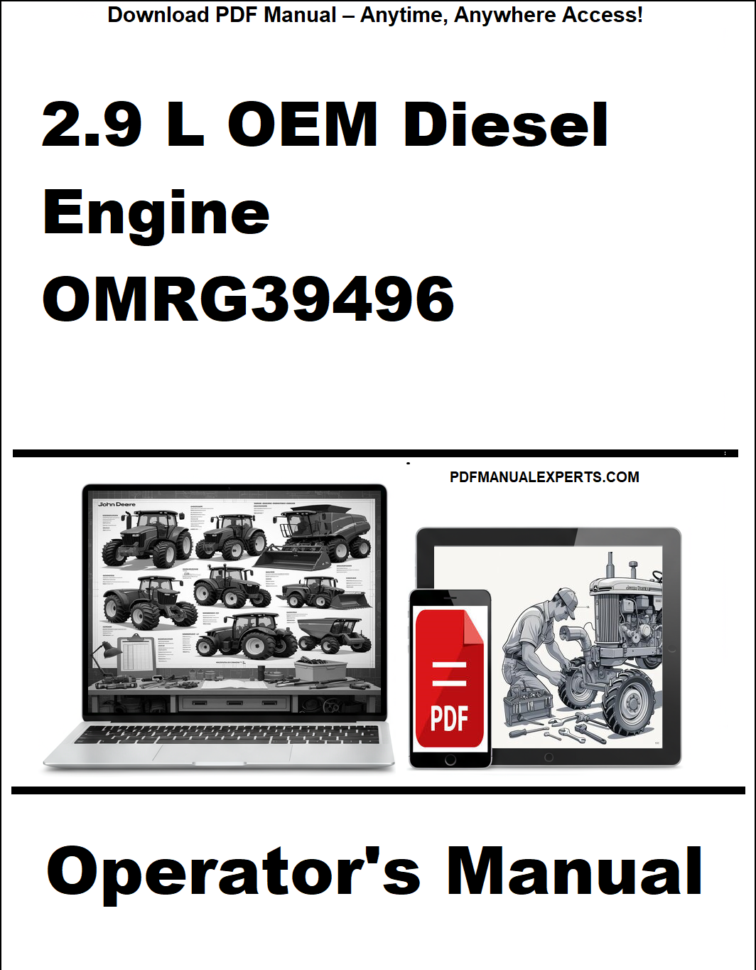 Cover of a manual for 2.9 L OEM Diesel Engine OMRG39496 with laptop and tablet icons.
