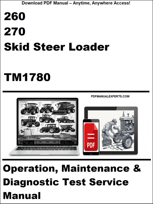 Manual cover for 260, 270 Skid Steer Loader TM1780 with laptop and toolbox graphic.