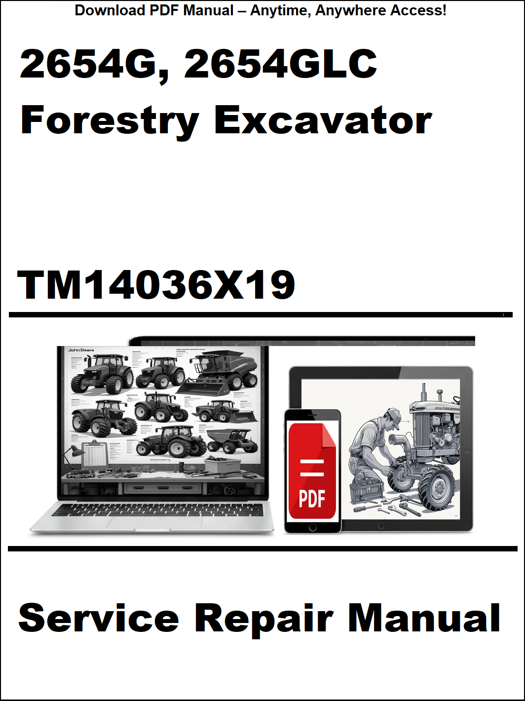 Service repair manual for John Deere 2654G and 2654GLC forestry excavator on a white background