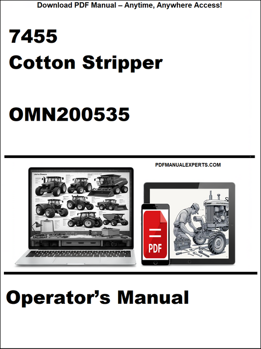 Cover of the 7455 Cotton Stripper Operator's Manual with a laptop and smartphone displaying the manual.