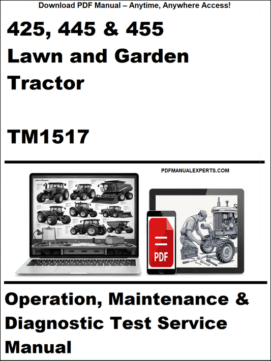 Manual cover for 425, 445, and 455 lawn and garden tractor with TM1517 on a white background.