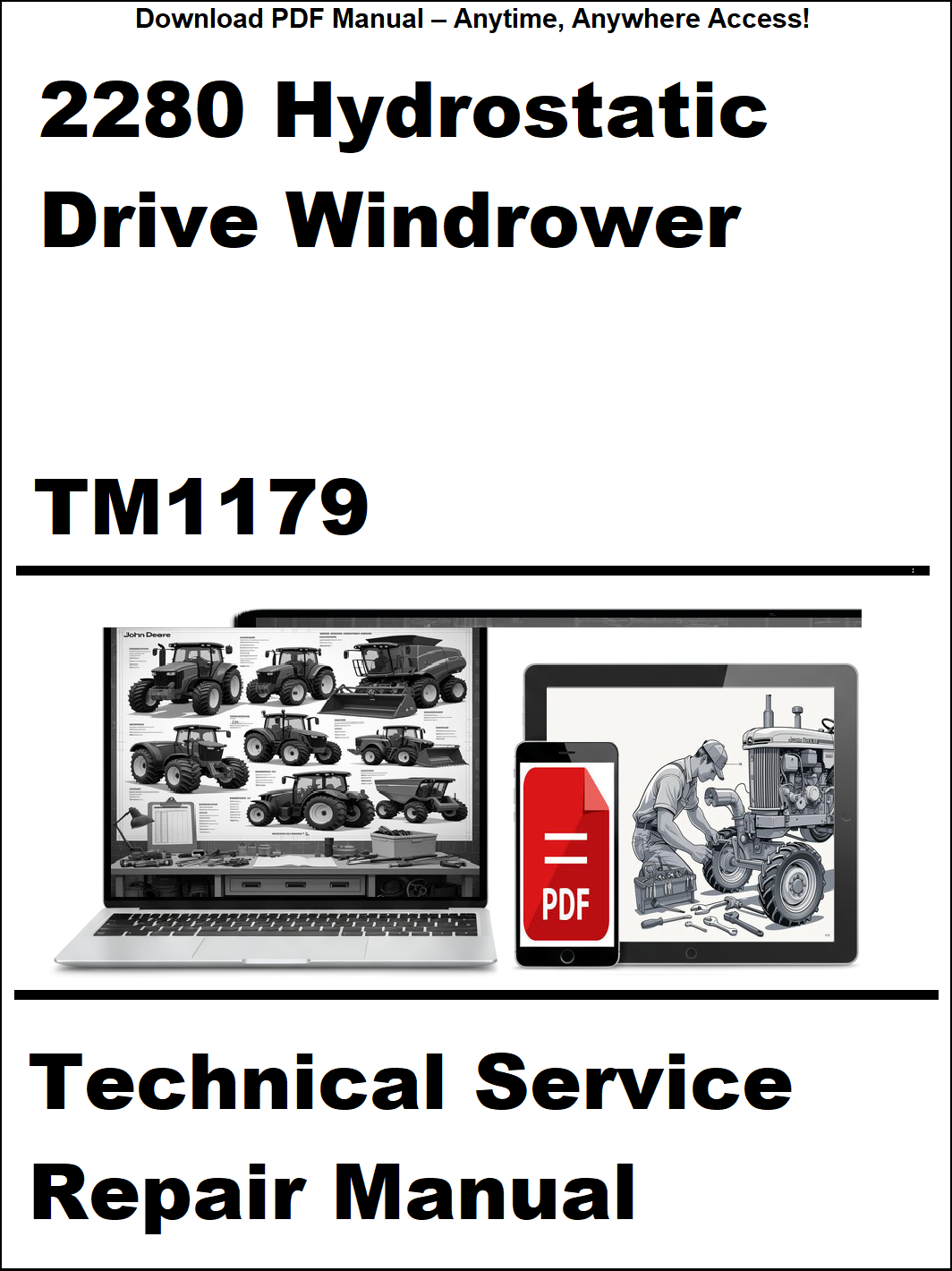 Technical service repair manual for 2280 Hydrostatic Drive Windrower with digital device and laptop illustration on a white background.