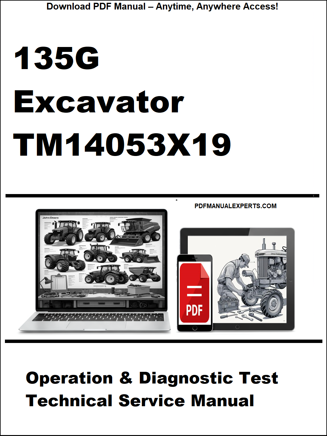 Cover of a technical service manual for a 135G excavator with a laptop and diagnostic tool illustration.