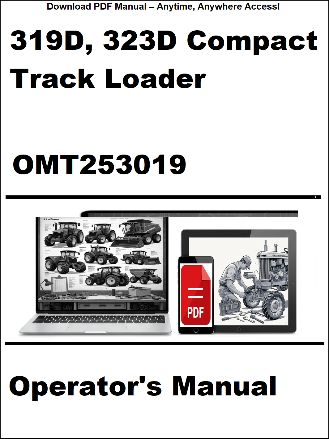 Operator's manual for 319D and 323D Compact Track Loader with digital device icon on a white background