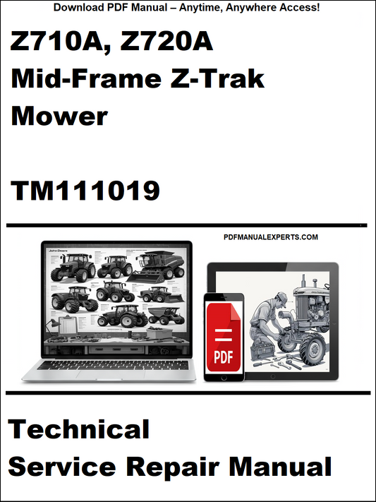 Technical service repair manual for Z710A, Z720A Mid-Frame Z-Trak Mower with PDF icon and laptop illustration.