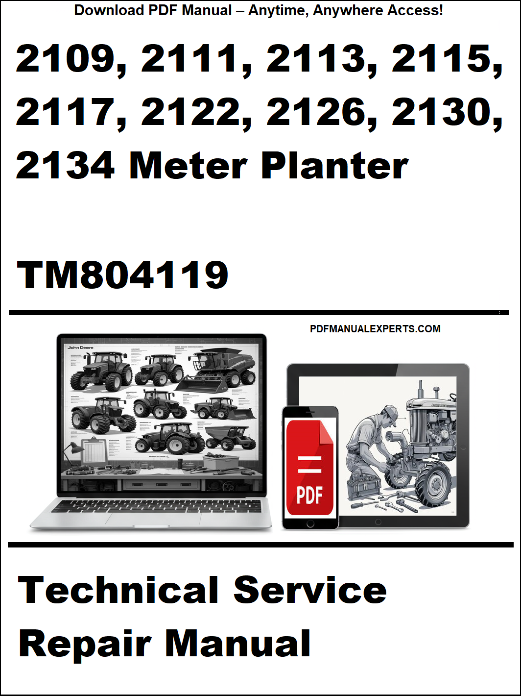 Technical service repair manual for a meter planter with a laptop and toolbox graphic on a white background.