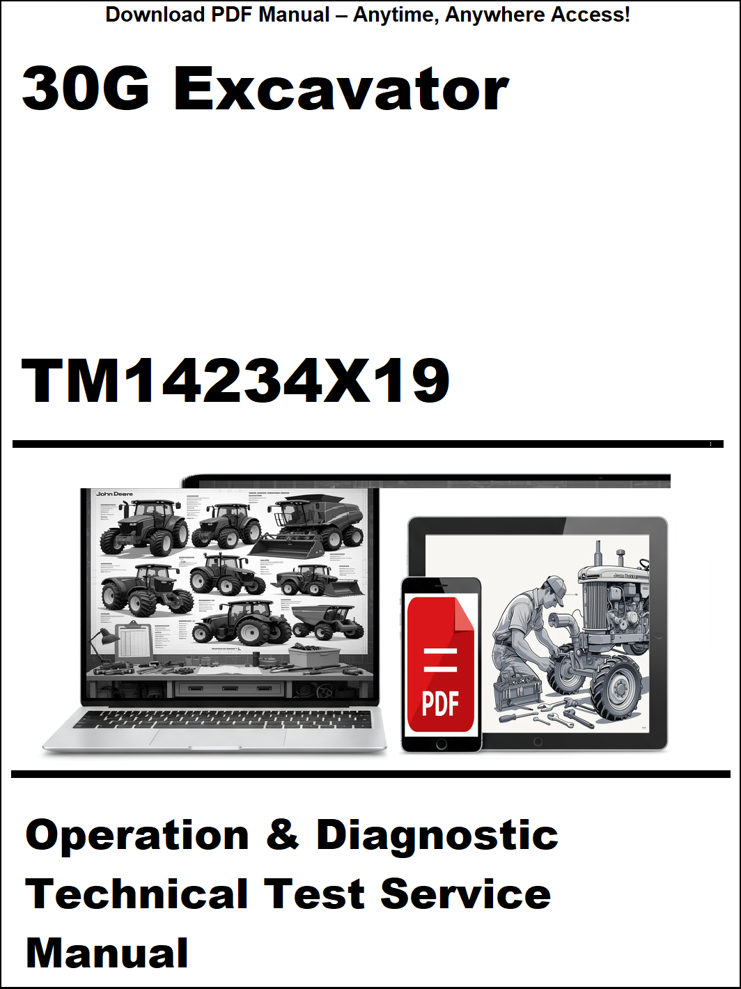 Manual cover for 30G Excavator Operation & Diagnostic Technical Test Service Manual with digital device icon.