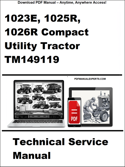 Technical service manual for John Deere 1023E, 1025R, 1026R compact utility tractors on a white background.