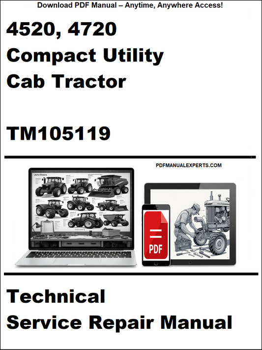 Technical service repair manual for 4520, 4720 compact utility cab tractor with a laptop and toolbox graphic.