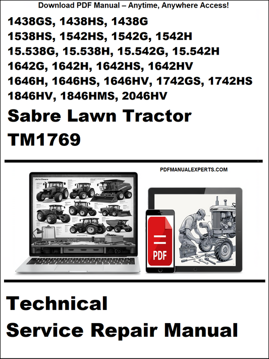Advertisement for Sabre Lawn Tractor technical service repair manual on a white background