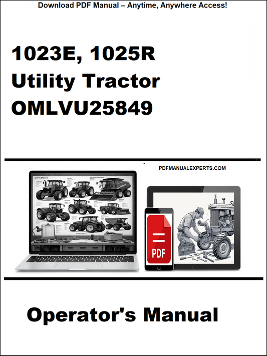 Cover of a manual for 1023E, 1025R Utility Tractor OMLVU25849 with a laptop and toolbox graphic.