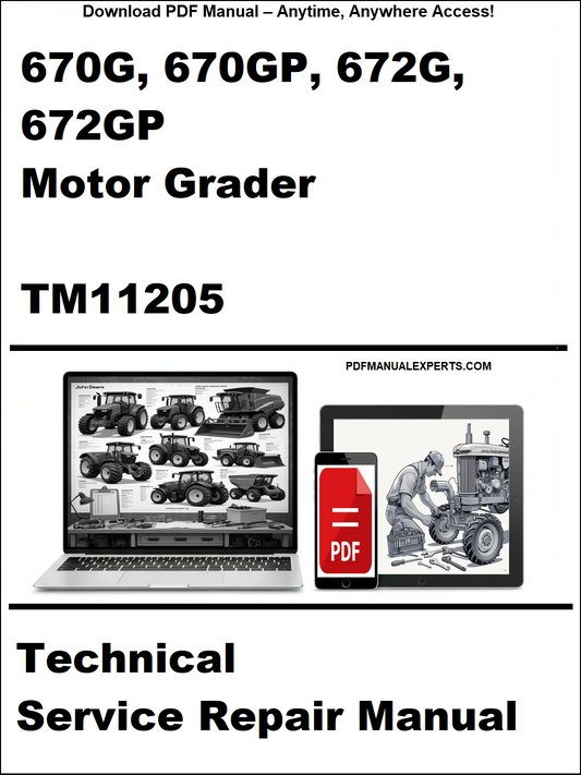 Cover of a technical service repair manual for John Deere motor grader models 670G, 670GP, 672G, 672GP with PDF icon and website text.
